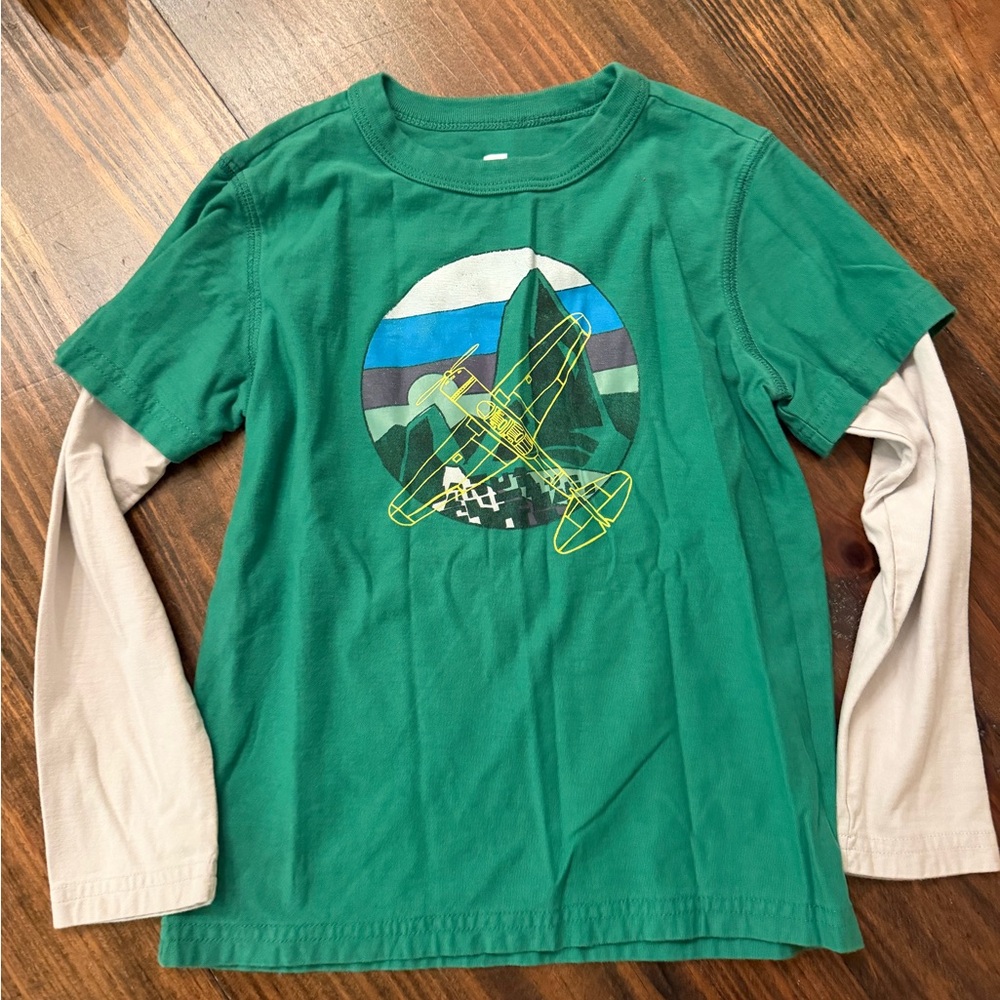 Tea Collection Green Long Sleeve Tee with Airplane Design
